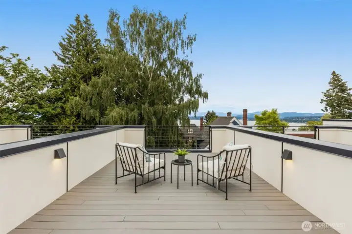 Spacious rooftop deck with views and privacy, perfect for lounging, grilling, or entertaining under the stars.