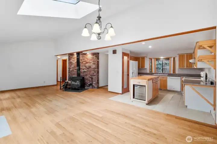 Wood burning fireplace in great room.