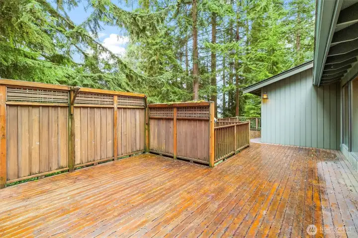 Large deck off great room with stairs leading down to finished basement entrance.