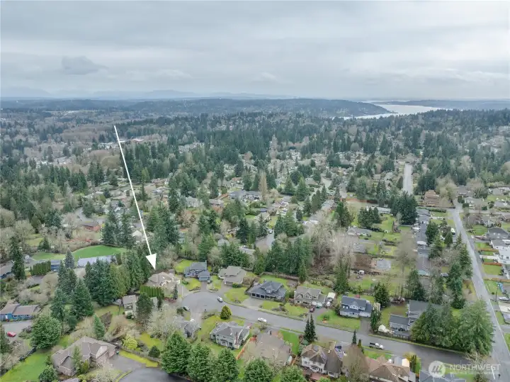 Aerial view looking southeast, featuring Lake Washington in the upper right and the Cascade Mountains in the background to the left.