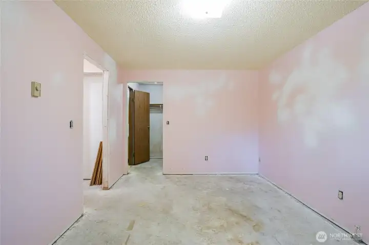 Primary bedroom has a walk-in closet and 1/2 bathroom.