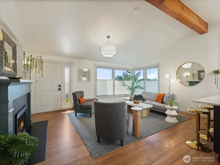 The interior has been thoughtfully updated with a designer color palette and a newly added overhead lighting fixture on a dimmer switch.