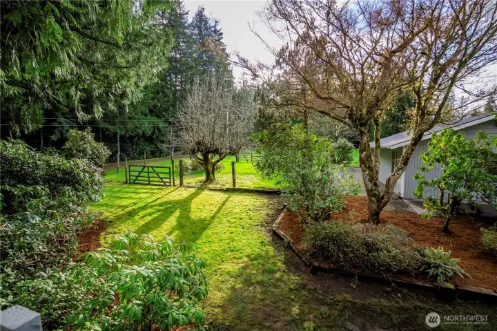 FROM THE UPSTAIRS DECK...BACK OF GARAGE MINI PASTURE/HOLDING AREA