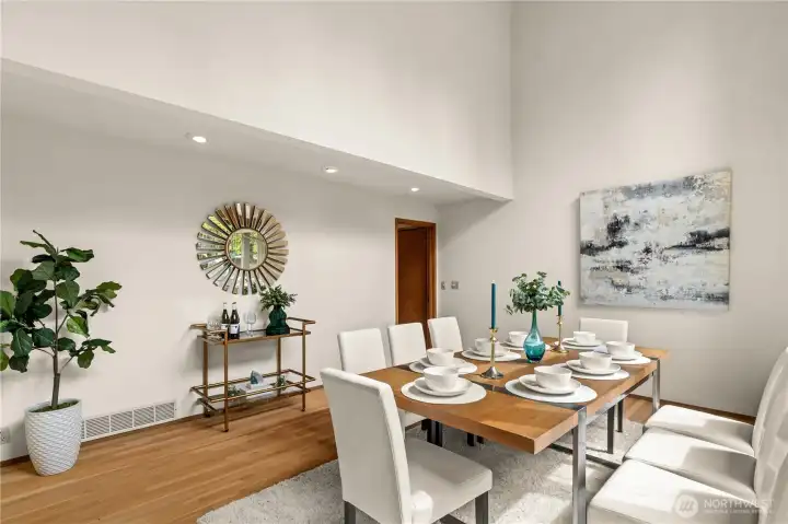 This spacious dining room could accommodate a dining table for a very large group - with additional space for a bar area or large buffet table.