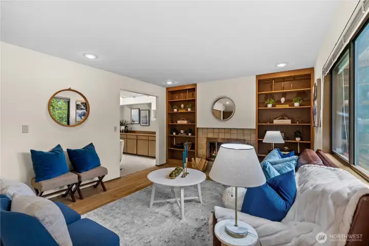 Built-in bookcases flank the gas fireplace - a perfect place to enjoy a cozy evening.