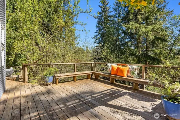 The spacious deck is crafted from purple heart.