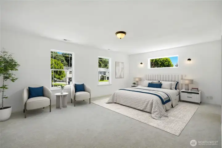 Escape to an oversized primary suite designed for comfort and relaxation. New carpet creates a soft, fresh retreat at the end of the day. The spacious layout easily accommodates a king-sized bedroom set. [Photo is virtually staged.]