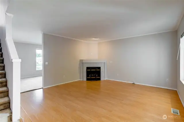 Large living room with gas fireplace.