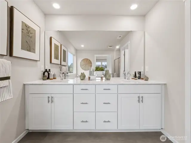 Double vanity with under mount sinks. Pictures are for representational purposes only, colors and features may vary.