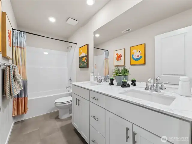 Secondary bath upstairs with double vanity. Pictures are for representational purposes only, colors and features may vary.
