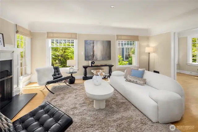 Classic millwork and timeless details give the living room its inviting character.