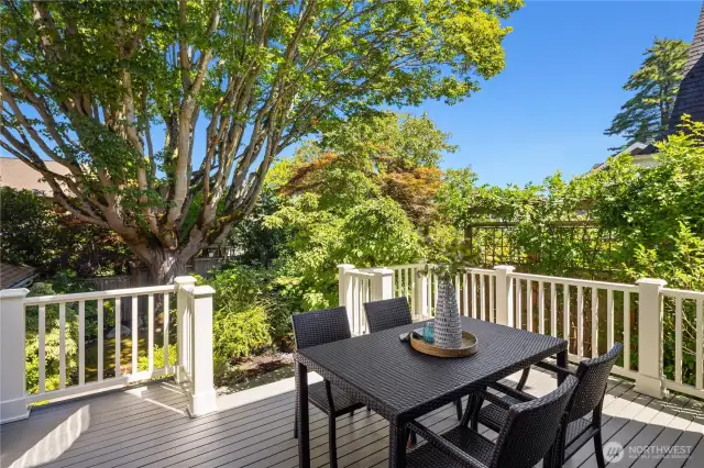Framed by mature trees and layered greenery, the deck feels perfectly secluded for dining or unwinding.