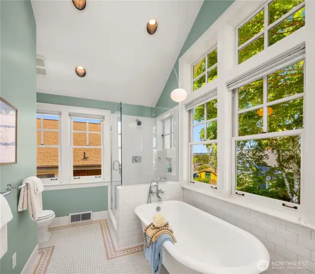 Vaulted ceilings and abundant windows fill the primary bath with light.