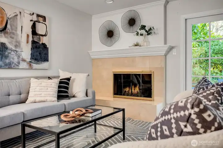 A cozy gas fireplace.