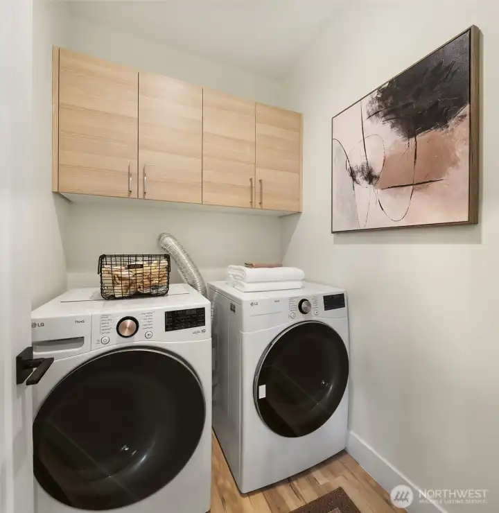large laundry room with storage.