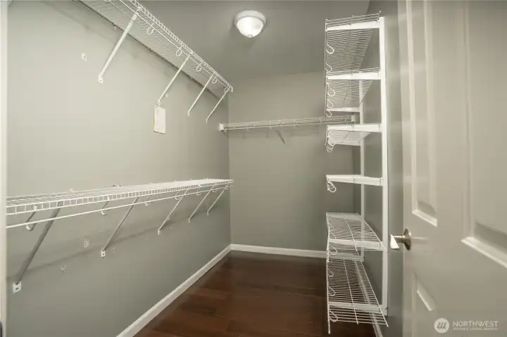 Large walk-in closet with extensive shelving and storage space, offering plenty of room for organization and everyday convenience.