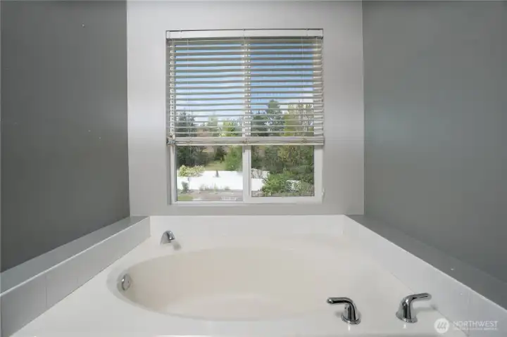 Deep soaking tub with peaceful natural views, creating the perfect space to relax and unwind at the end of the day.