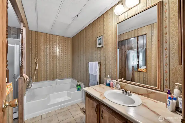 Huge Primary bath w/garden tub and separate shower to the left.