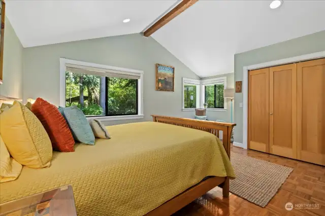 Second bedroom with views to the back yard woods and trails