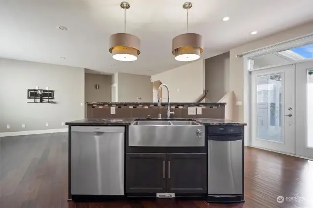 Compact workspace at the island, with dishwasher, new trash compactor AND stainless steel farm sink.  Note the vacuum underneath the cabinetry?