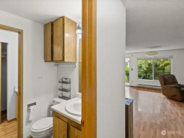 Main bathroom opening to bedroom