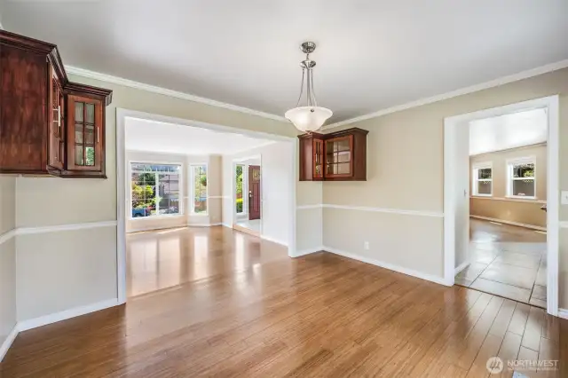 Formal dining room with custom built in cabinets