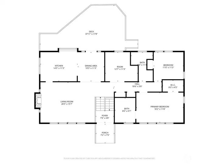 Main Level Floor Plan Featuring Remodeled Kitchen, Living Room, Primary Suite and Expansive Deck