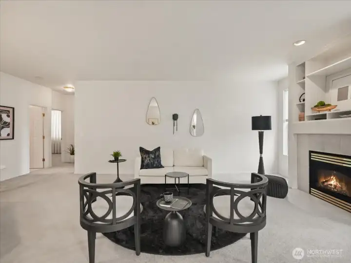 Thoughtfully designed fireplace with a built-in niche above, perfect for decor and out of the way TV placement.