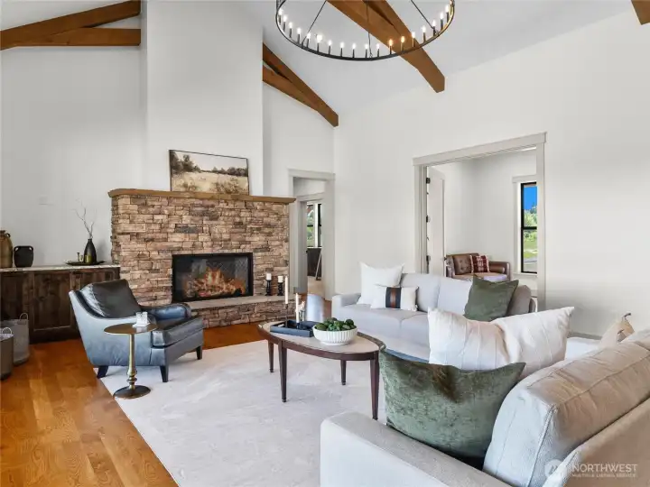 STONE FIREPLACE - Rough Wood Finished Trusses & Chandelier! STONE FIREPLACE - Rough Wood Finished Trusses & Chandelier!