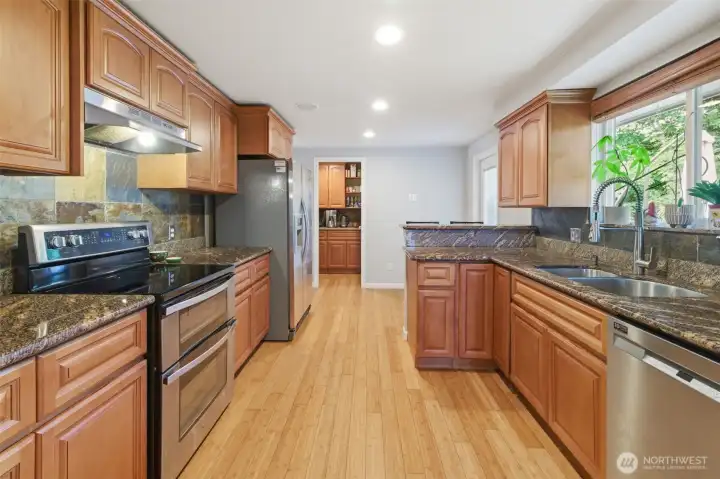 Updated kitchen with East facing windows and gorgeous backyard views.