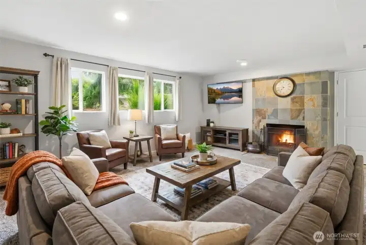 Virtually staged great room on the lower level.