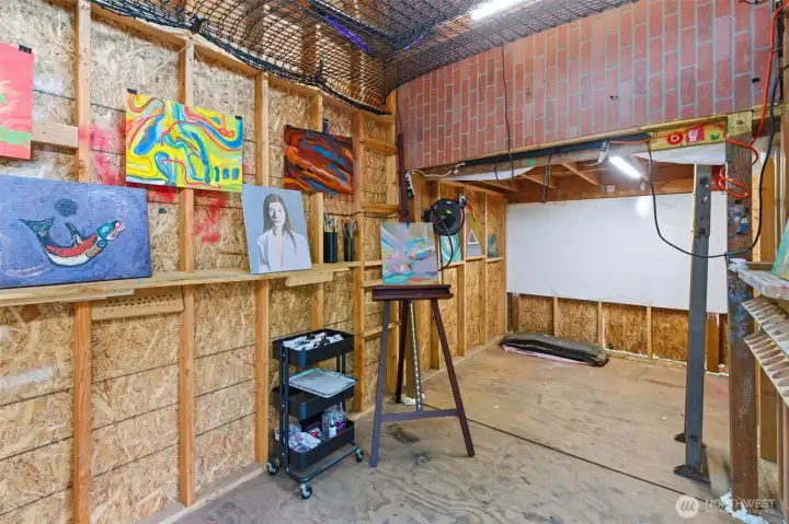 Shed was used by the family as a art studio with a second floor for storage and a net with a skylight for stargazing.