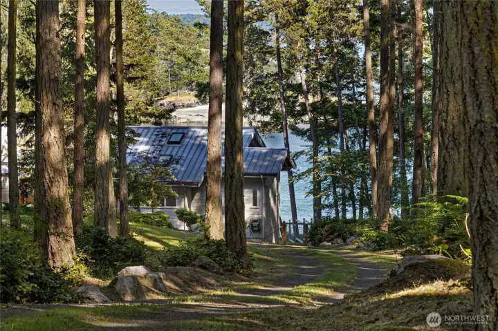 Woodland outbuilding offers additional utility or storage potential, surrounded by native trees and natural landscaping on the private waterfront acreage.