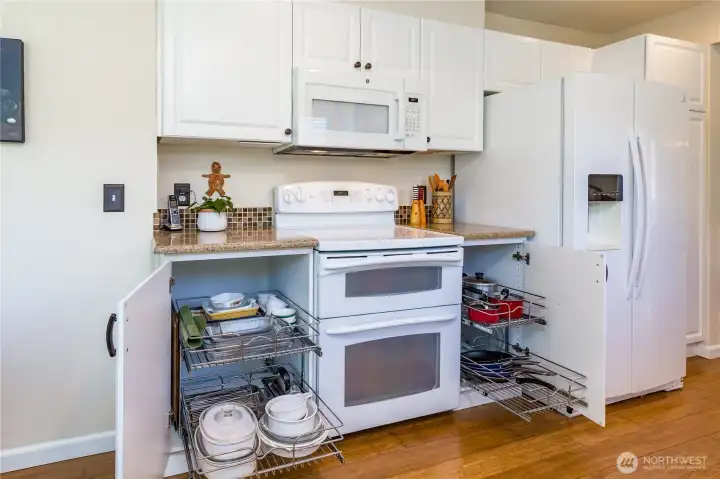 Heavy-duty slide-out organizers maximize your cabinet storage space.