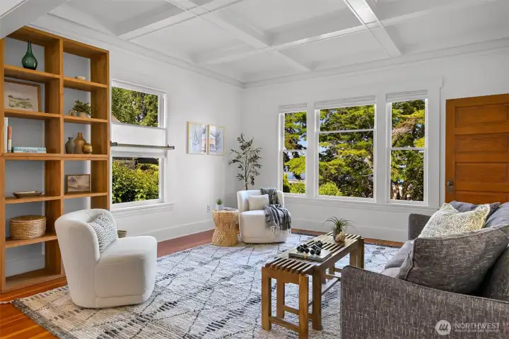 The built in bookshelf is teak and offers wonderful space for favorite books, art or pottery The built in bookshelf is teak and offers wonderful space for favorite books, art or pottery