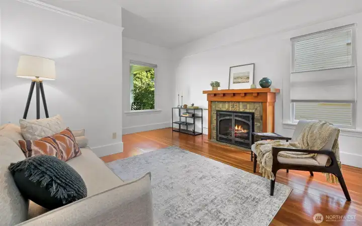 Original tile surrounds the beautiful gas fireplace creating a wonderfully cozy room Original tile surrounds the beautiful gas fireplace creating a wonderfully cozy room