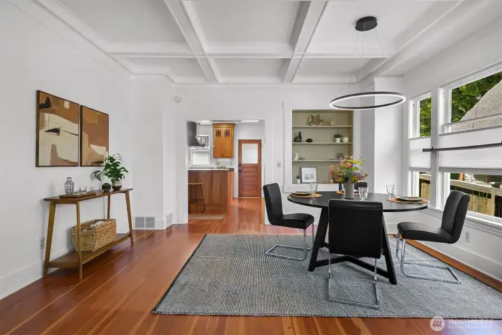 There is easily enough space for a 6' round table (one shown is 5') or a large rectangular table There is easily enough space for a 6' round table (one shown is 5') or a large rectangular table