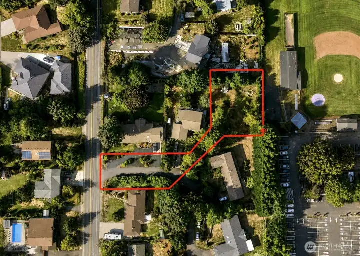 Overhead view with approximate boundaries in red. Overhead view with approximate boundaries in red.
