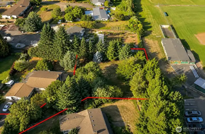 Overhead view with approximate boundaries in red. Overhead view with approximate boundaries in red.