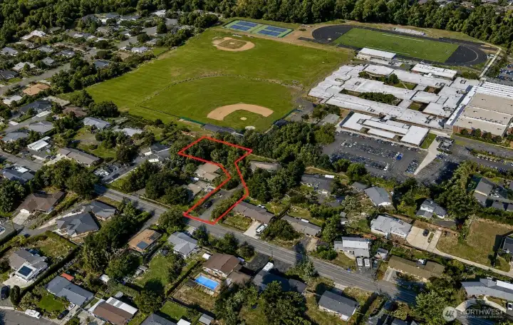 Overhead view with approximate boundaries in red. Overhead view with approximate boundaries in red.