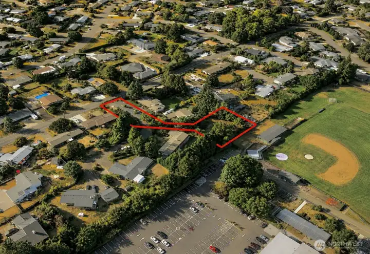 Overhead view with approximate boundaries in red. Overhead view with approximate boundaries in red.