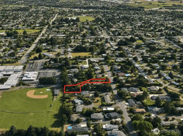 Overhead view with approximate boundaries in red. Overhead view with approximate boundaries in red.