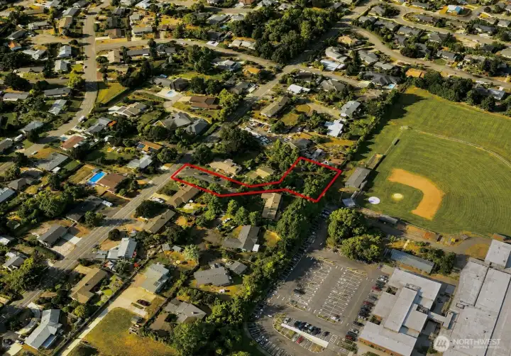 Overhead view with approximate boundaries in red. Overhead view with approximate boundaries in red.