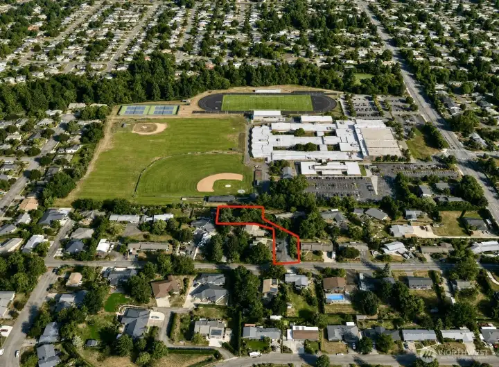Overhead view with approximate boundaries in red. Overhead view with approximate boundaries in red.