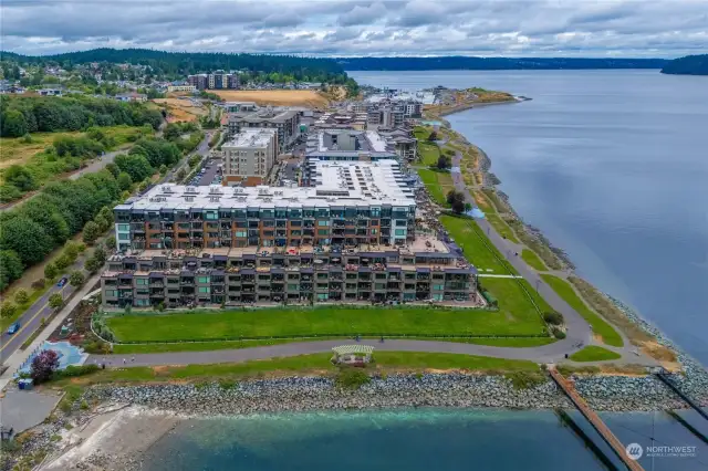 Aerial view of the complex, Puget sound, walking trails