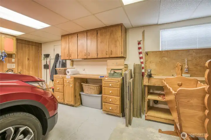 2 car garage with work benches