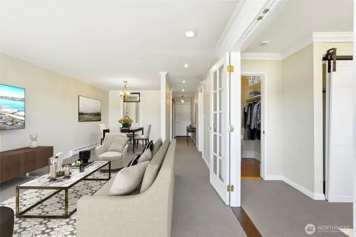 Light-filled living area with vintage details and modern updates for style and comfort.