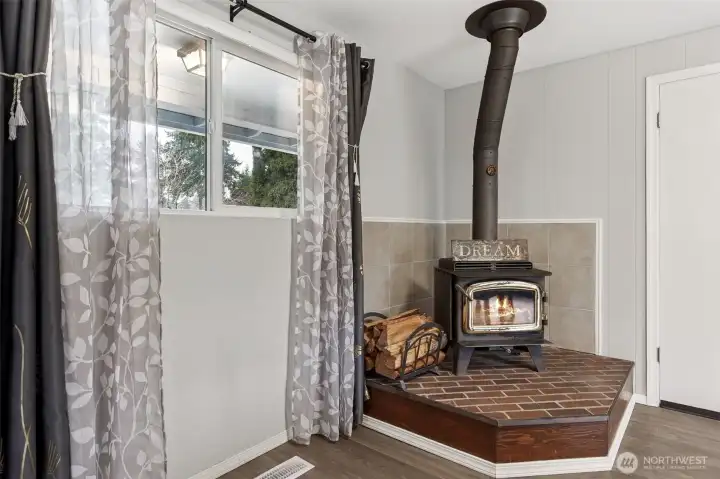 Closer view of wood stove.