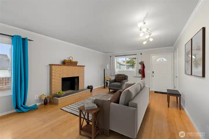 Wood burning fireplace in living room - virtual staging