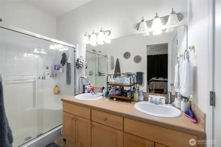Primary bathroom with dual vanity